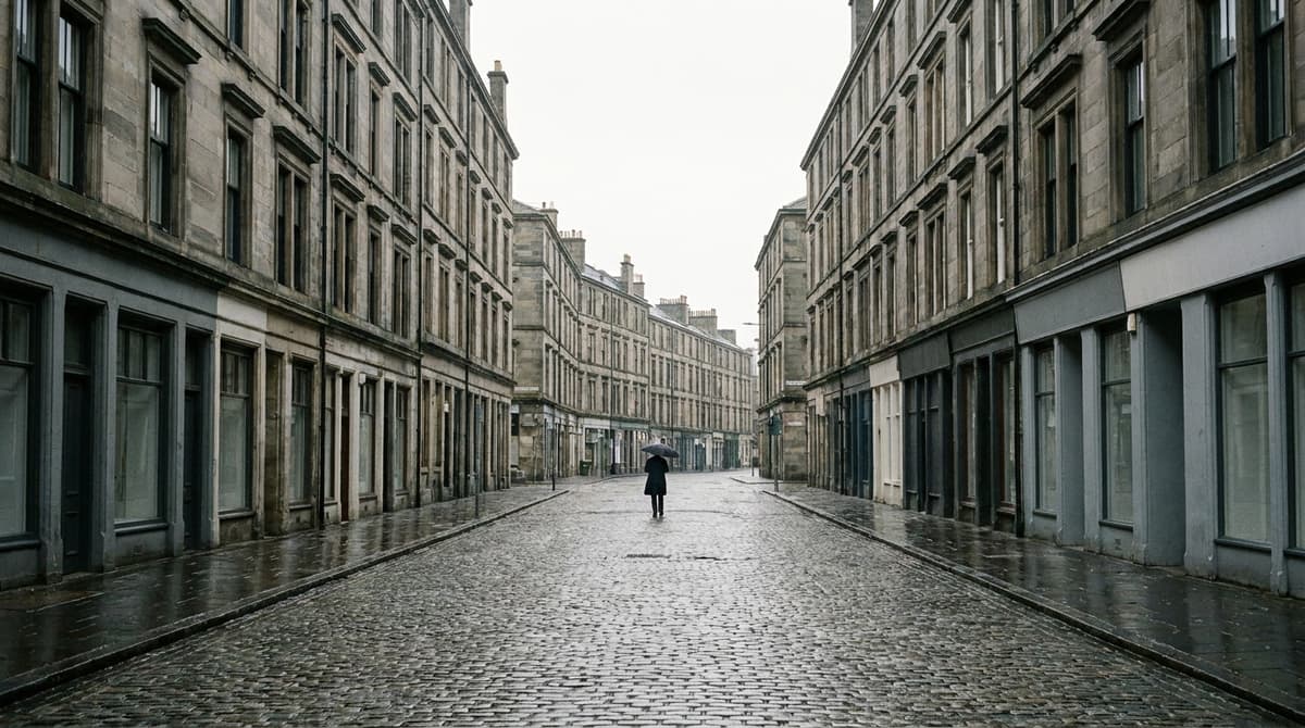 Wet cobbled street between grey stone tenement buildings with a pedestrian under an umbrella