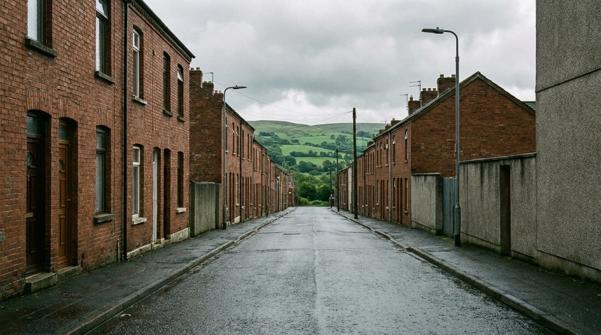 Quiet street of red-brick terraced houses with green hills beyond under an overcast sky