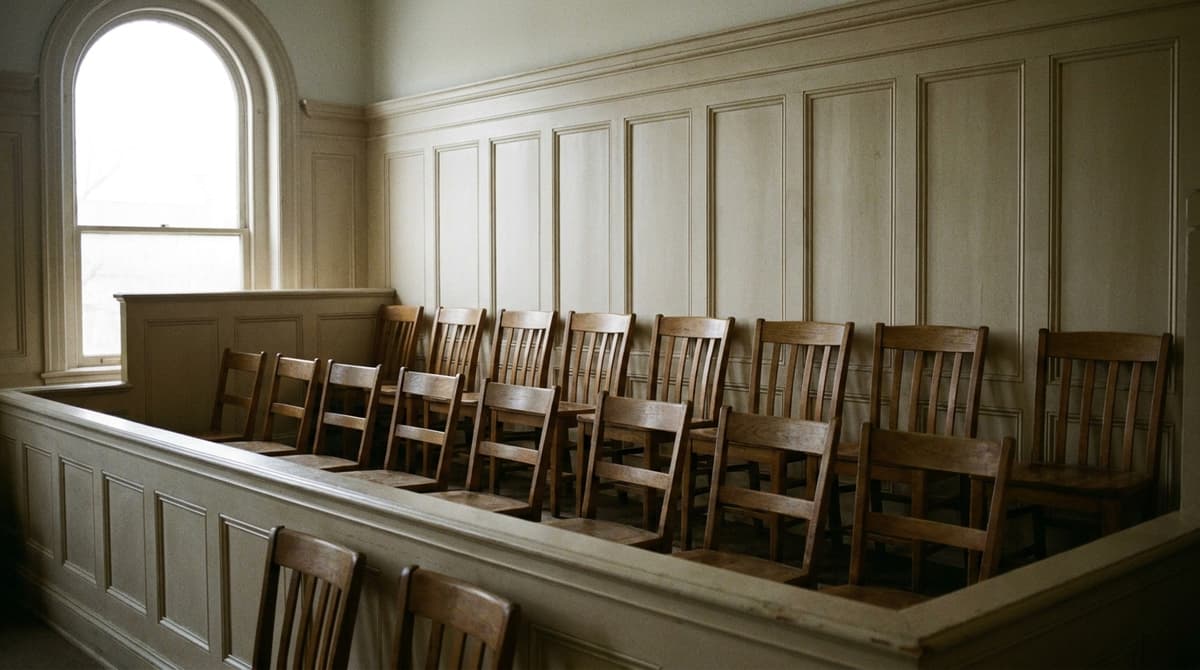 Empty jury box with rows of wooden chairs and a pale panelled wall beside an arched window