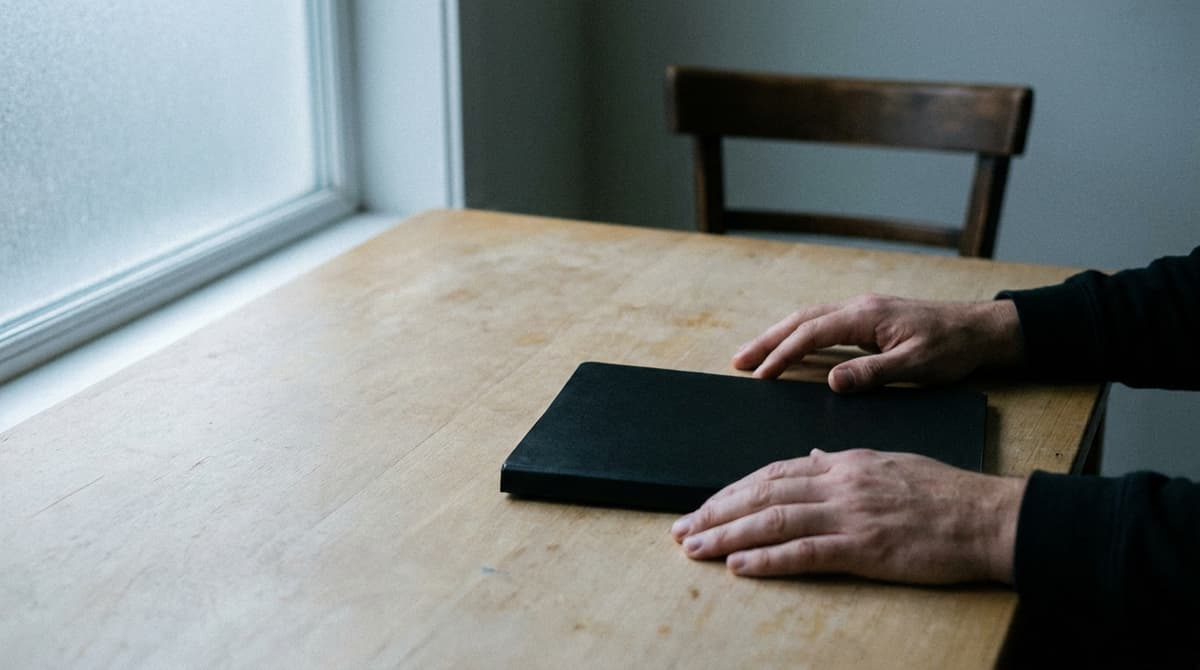 Two hands resting flat on a wooden table beside a closed black folder in an interview room