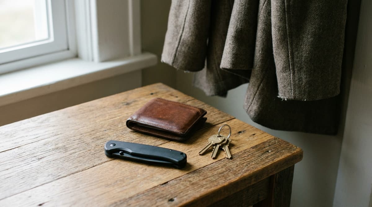 Closed black pocket knife, wallet and keys on a hallway table beneath hanging coats
