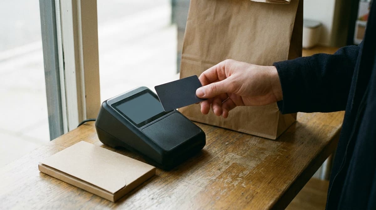 Hand holding a plain dark card above a black contactless reader beside a paper bag