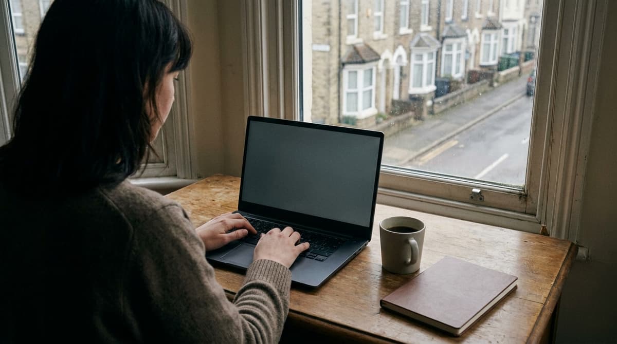 Person seen from behind typing on a dark laptop at a window desk, with a mug and notebook and a terraced street outside