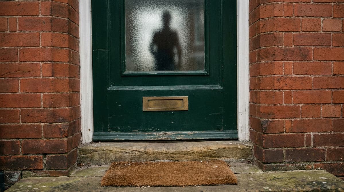 Green front door with frosted glass and brass letterbox with a person silhouetted behind the glass, on a worn doorstep