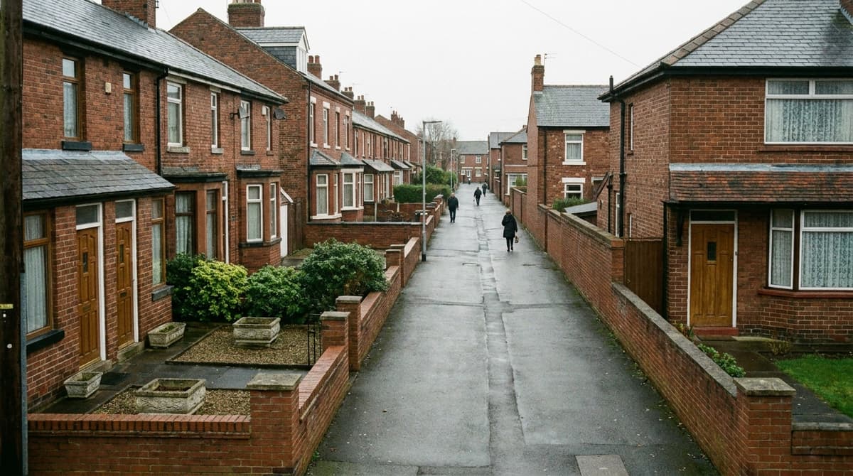 Quiet lane between red-brick terraced and semi-detached houses with small front gardens and low walls