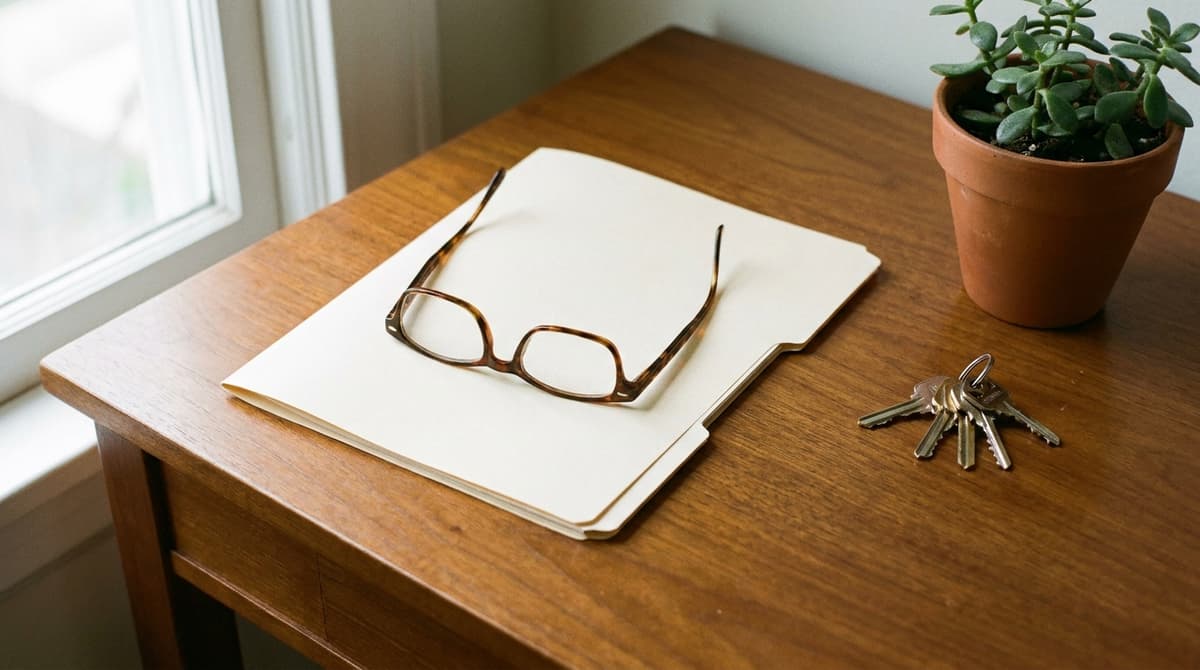 Reading glasses on a closed cream folder on a wooden desk beside house keys and a small plant