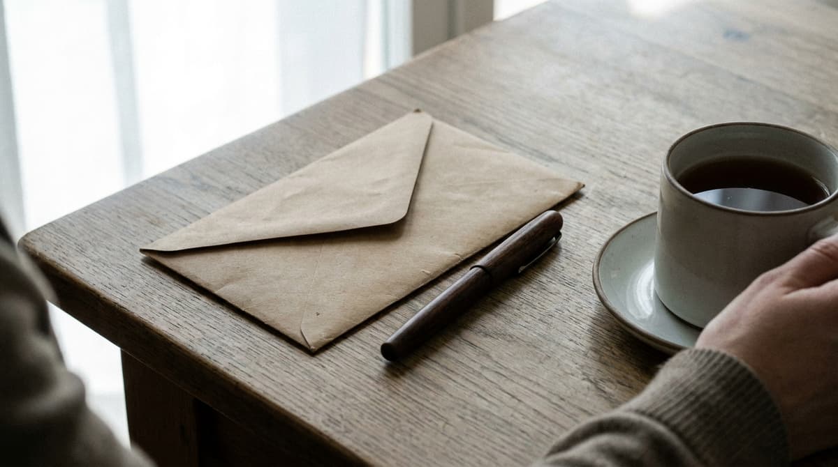 a closed brown paper envelope and a fountain pen on a kitchen table beside a mug of tea, no readable text