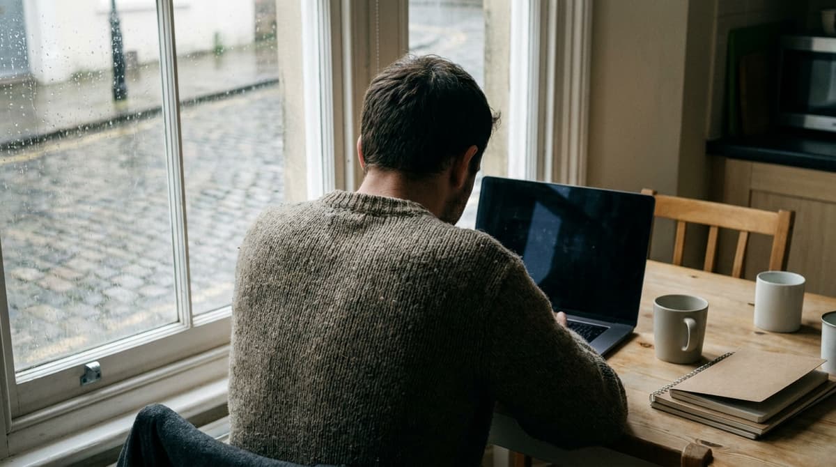 a person seen from behind sitting at a laptop at a kitchen table in a British flat, rain on the window, screen not readable