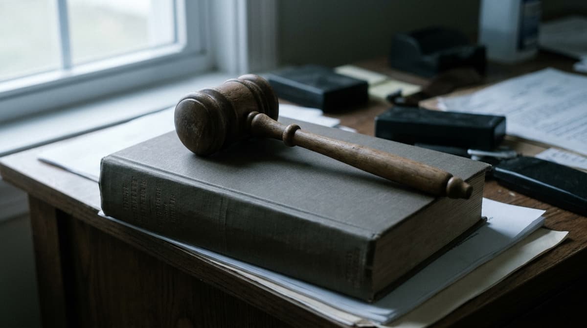 a wooden gavel resting on a closed hardback book on a desk, soft side light, spine text blurred