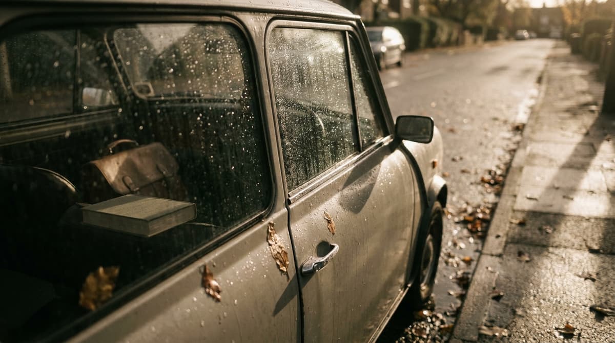 a small car parked on a residential street in light rain, driving-on-the-left street layout, number plate not visible