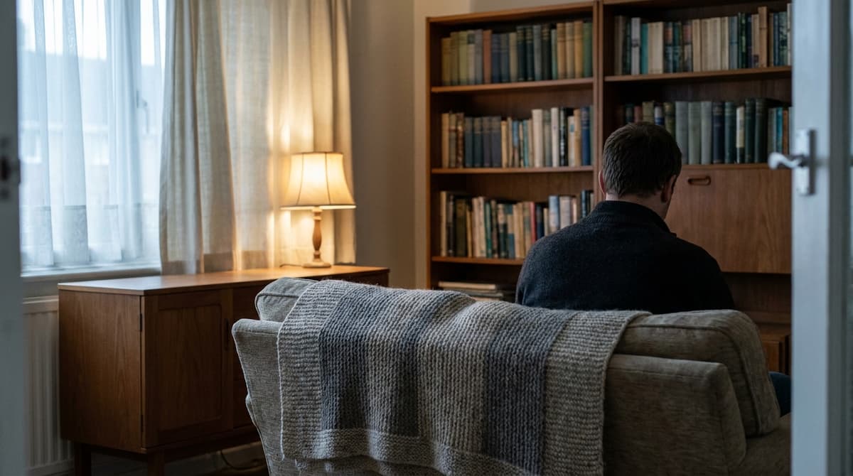 a cosy British living room with a sofa, a wool throw and a bookshelf with blurred spines, warm lamp light