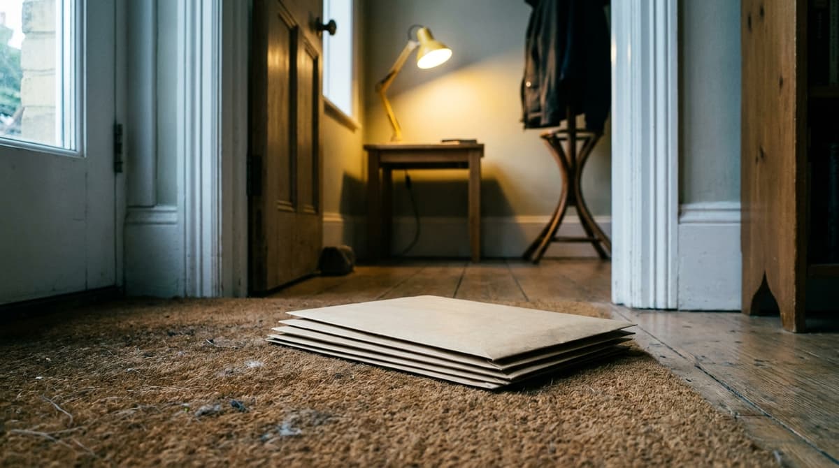 a stack of plain unopened envelopes on a doormat inside a British front door, morning light, no readable text