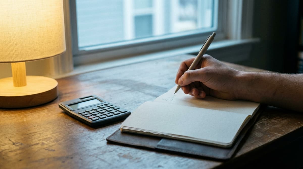 a hand writing a simple household budget in a blank notebook beside a calculator, no readable figures