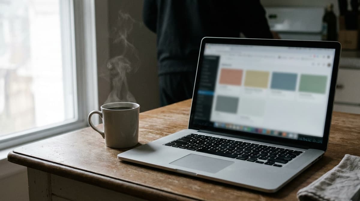 a laptop on a kitchen table showing a blurred online form, a cup of tea beside it, no readable text