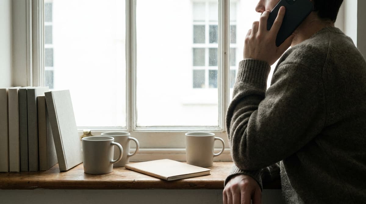a person on the phone at a window seat in a British flat, seen from the side, calm expression, no visible screen