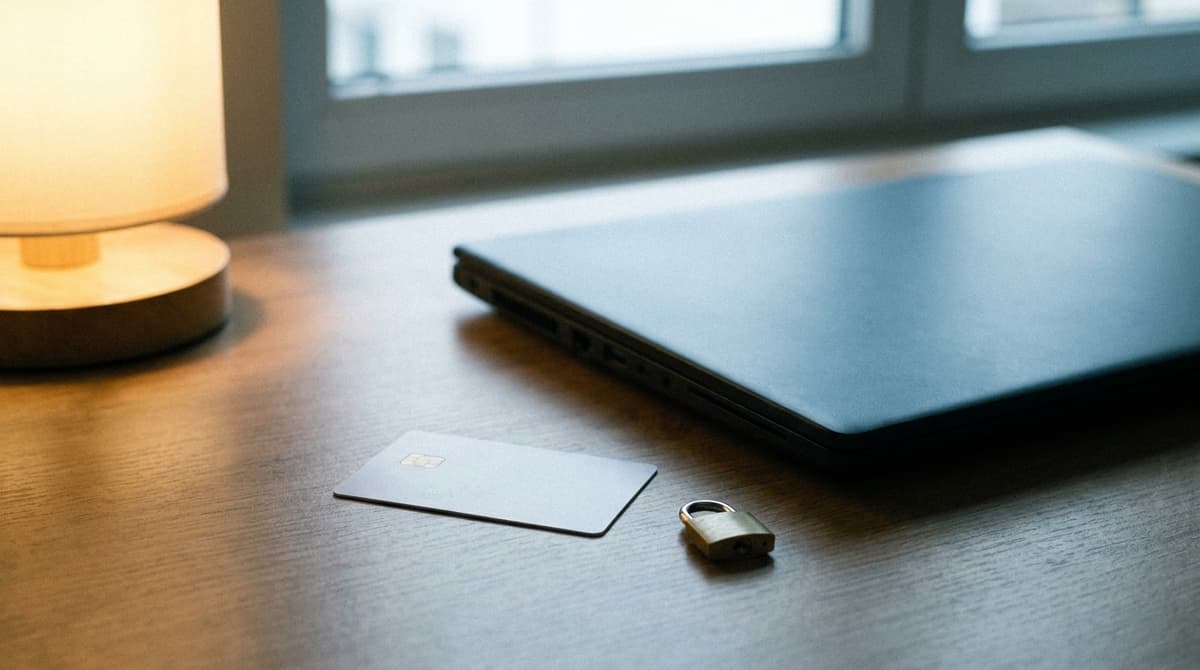 a bank card and a padlock symbol on a desk beside a laptop, shallow depth of field, no logos or text