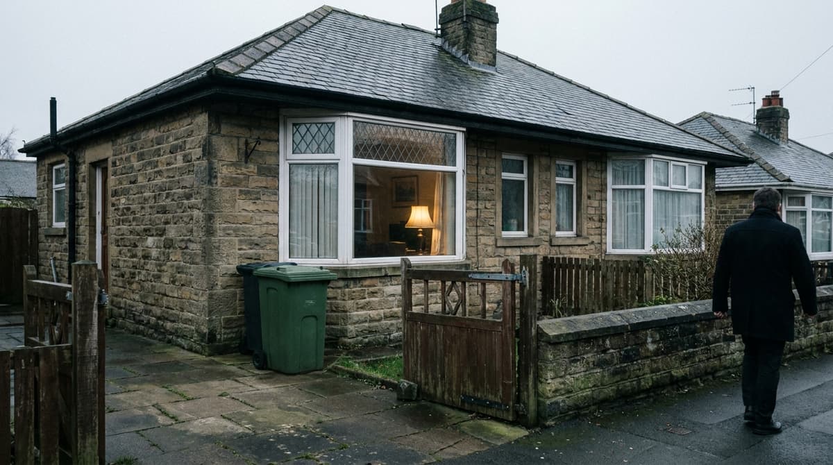 a stone semi-detached house with a bay window and a wheelie bin by the gate, overcast, no house number