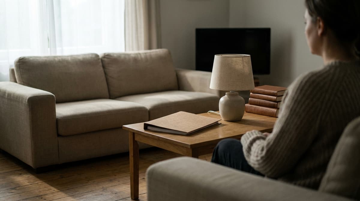 a calm living room with a sofa and a lamp, a closed folder of papers on the coffee table, no readable text