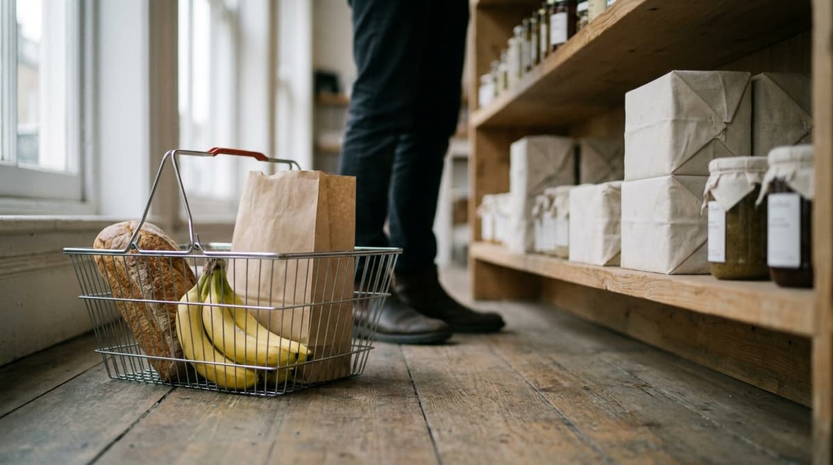 a shopping basket with a few grocery items resting on a shop floor beside a shelf, shallow depth of field, no readable labels