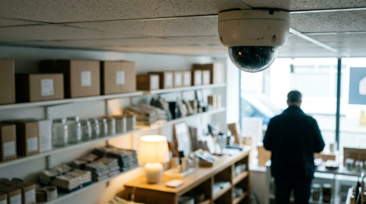 a CCTV dome camera on the ceiling of a bright shop aisle, shallow depth of field, no text
