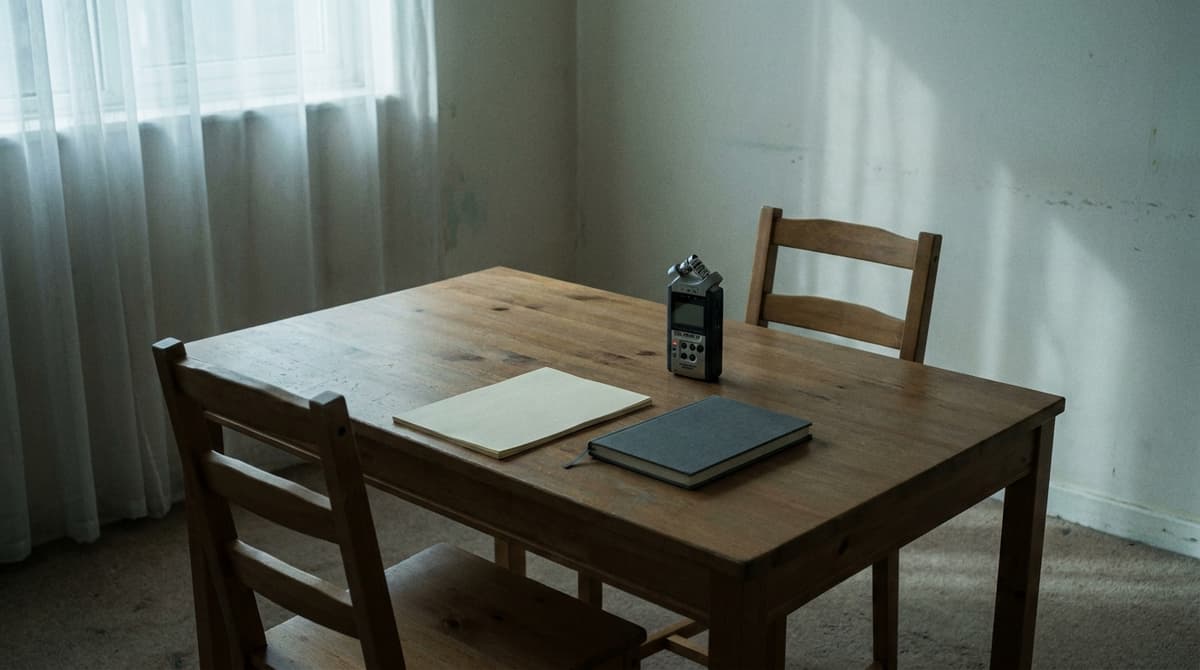 a police interview room in Britain with a plain table, two chairs and a small recording device, neutral light, no people, no text