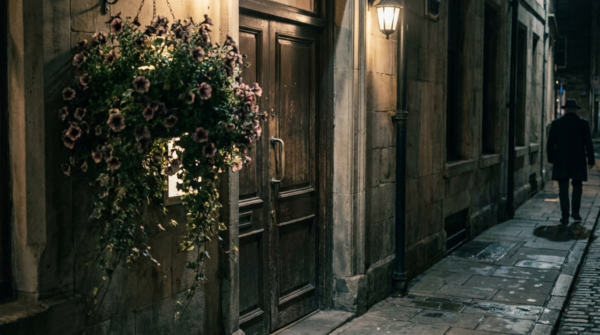 a closed pub doorway on a British street at night with a hanging basket of flowers, warm light, no readable sign
