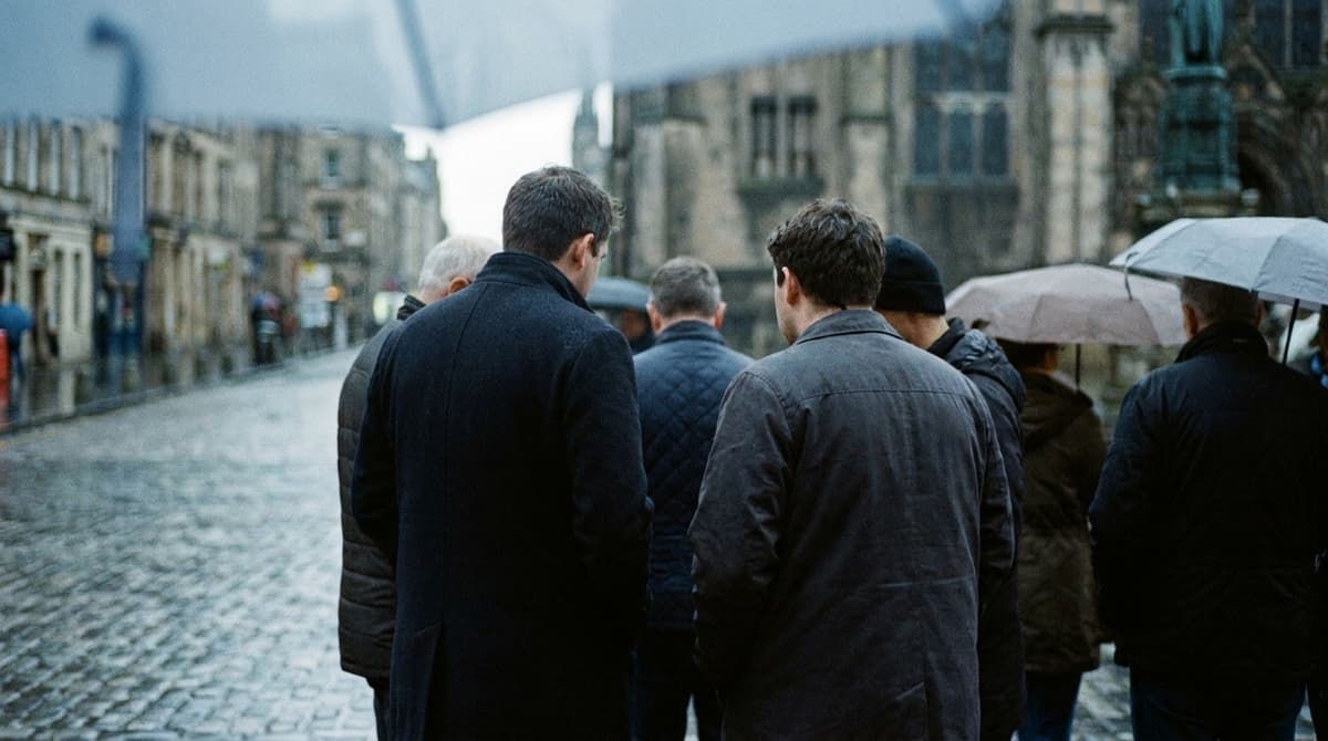 a crowd of people seen from behind at a British city square in daylight, out of focus, no banners or text readable