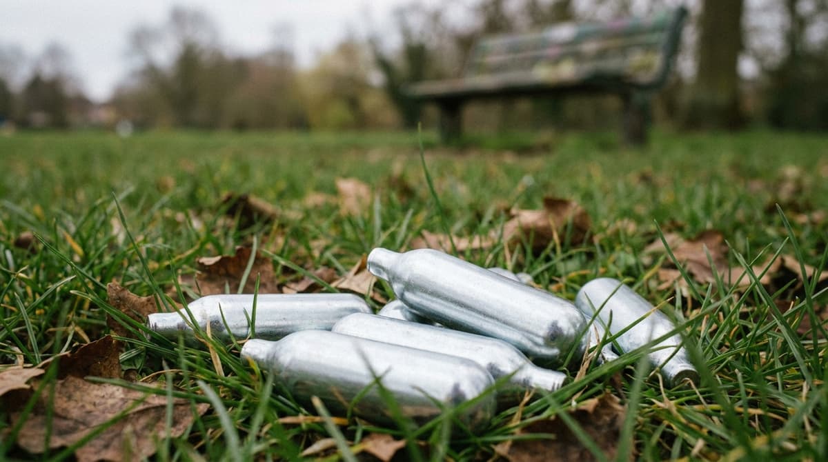 small empty silver nitrous oxide canisters scattered on grass in a British park, shallow depth of field, no text