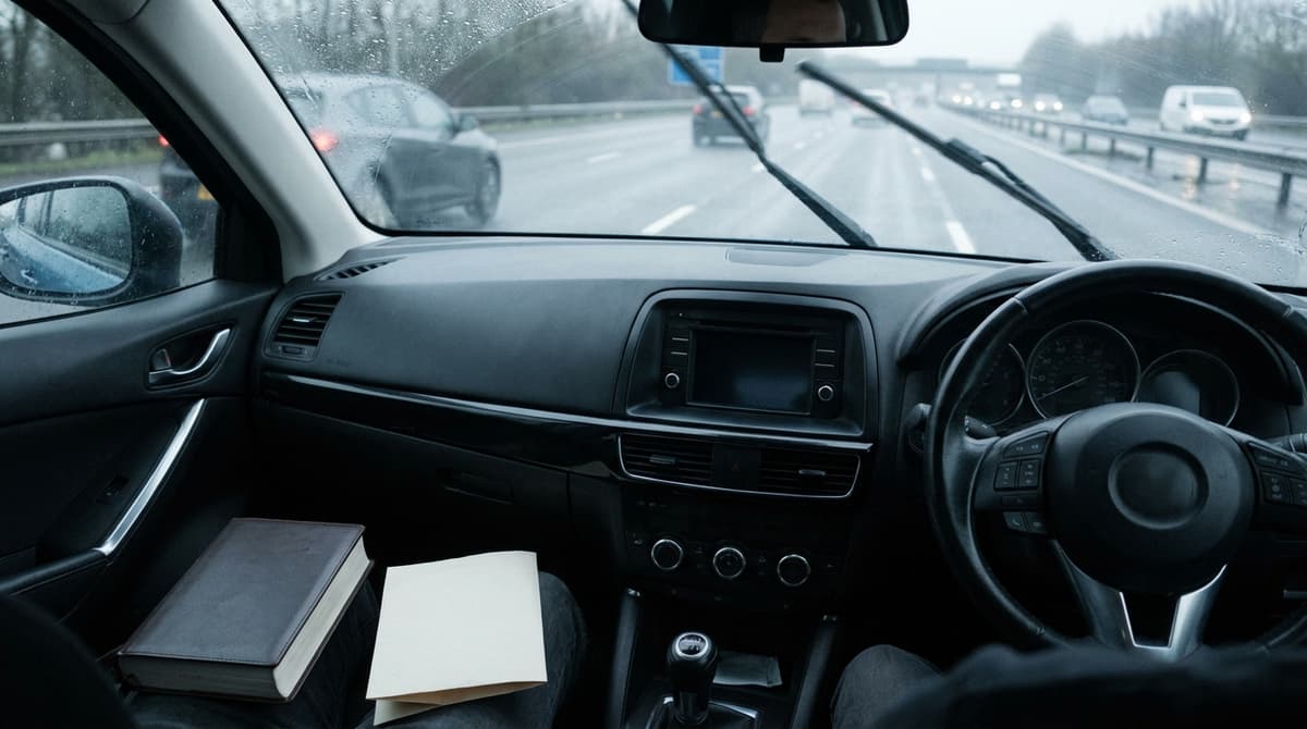 a car dashboard from the driver seat of a right-hand-drive car on a wet motorway, wipers mid-sweep, no readable display