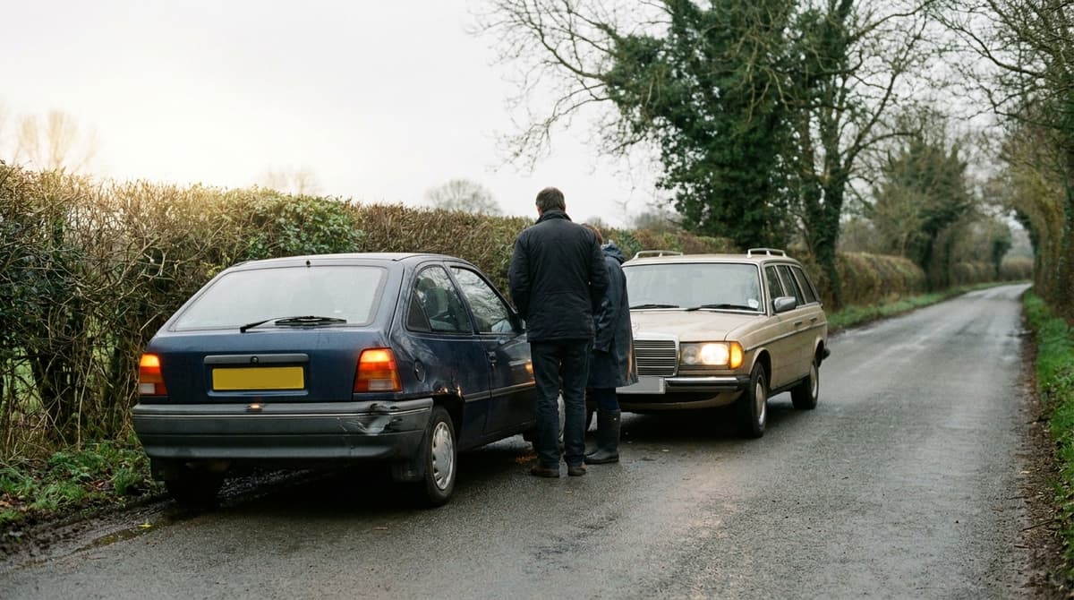 two cars stopped at the roadside with hazard lights on a British country lane, minor damage to a bumper, no number plates readable, overcast