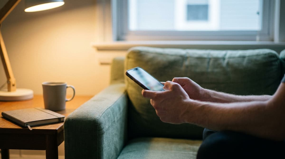 hands holding a smartphone with a blurred messaging screen, seated on a sofa, soft lamp light, no readable text