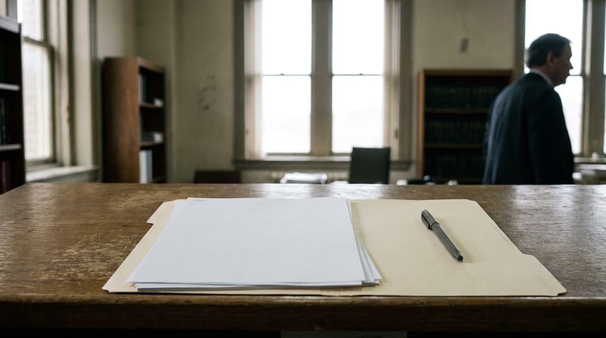 a plain folder of papers and a pen on a wooden table in a quiet solicitor office, shallow depth of field, no readable text
