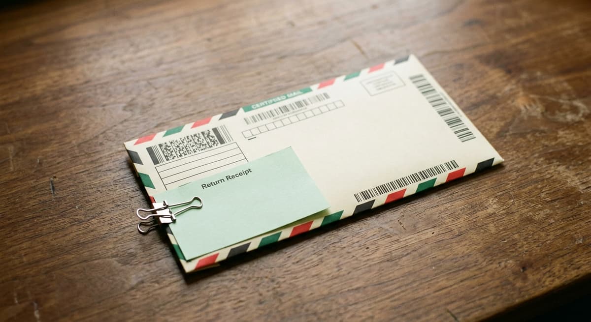 a certified-mail envelope with a green return-receipt card clipped to it, resting on a wooden desk