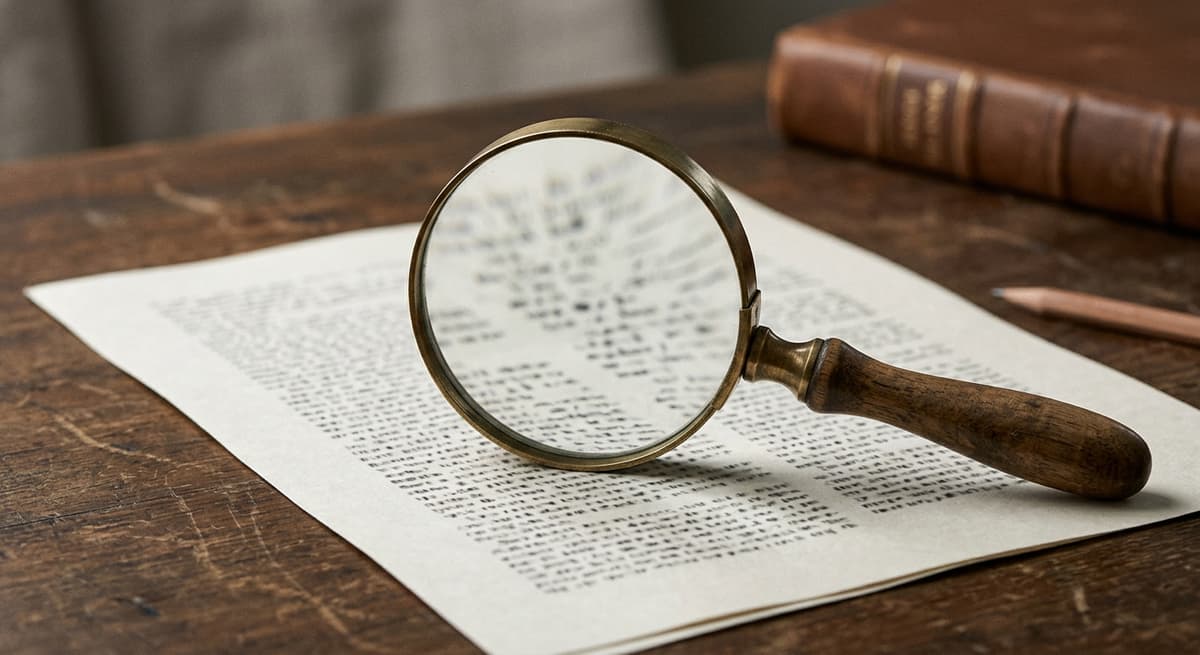 a magnifying glass resting over a printed list of names in small type on a desk