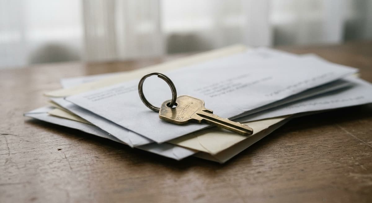 a single brass mailbox key on a ring, resting on a stack of unopened mail