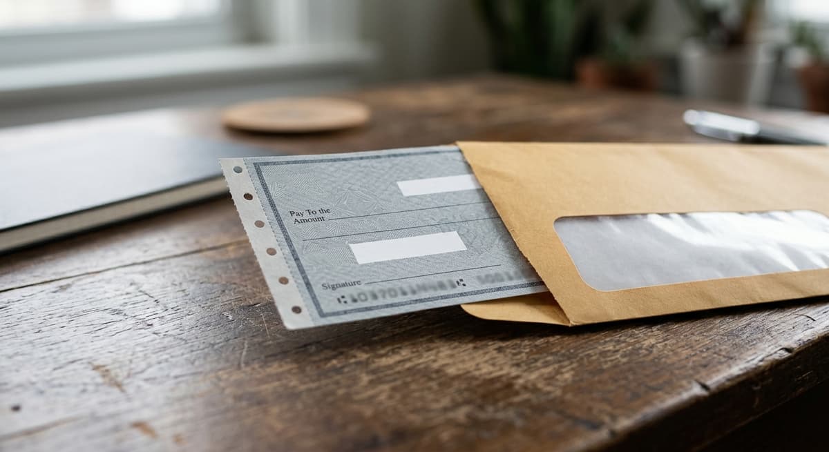 a government-style check with a perforated stub, half-tucked into a matching envelope on a desk