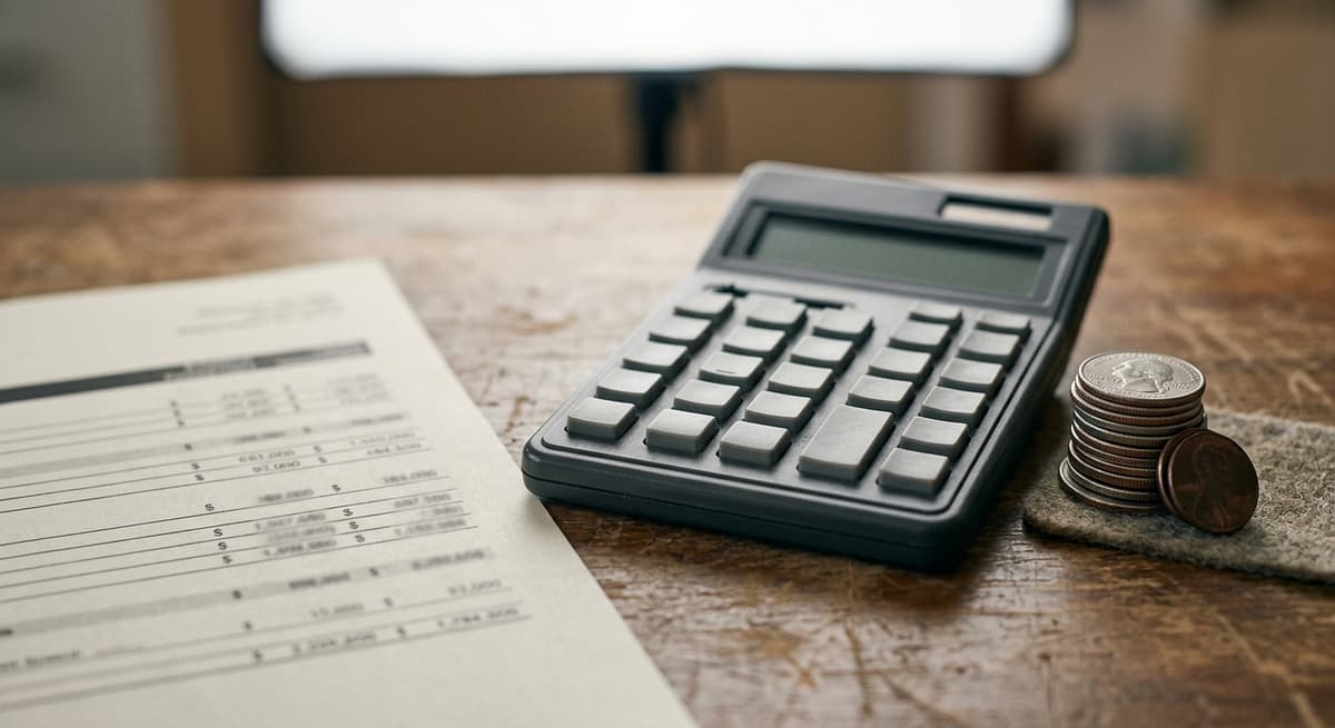 a desk calculator and a short stack of coins beside a printed dollar-amount table, digits softly blurred