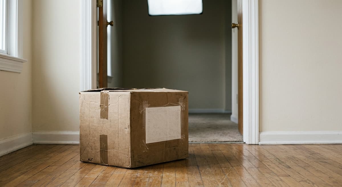 an old cardboard moving box with a forwarding label taped to the side, sitting in an empty apartment doorway