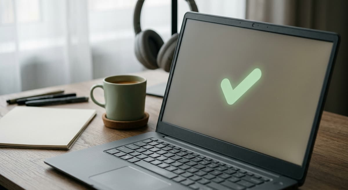 a laptop screen showing a simple green checkmark confirmation icon, resting on a home office desk