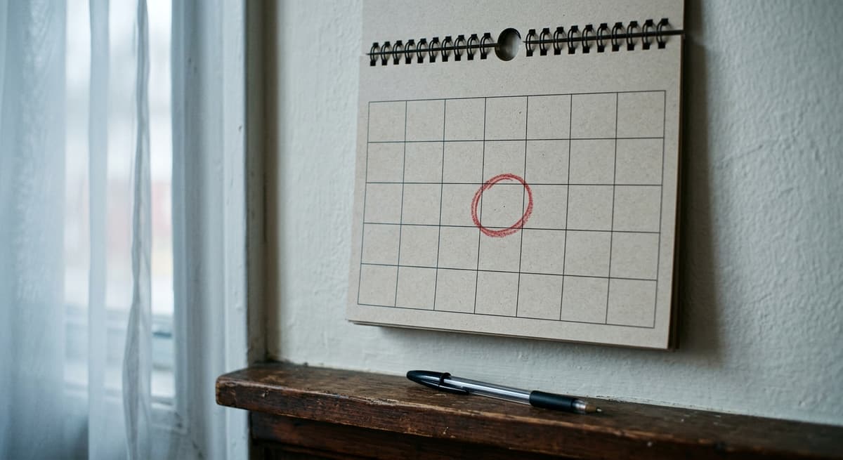 a wall calendar with a date circled in red pencil, a pen resting on the ledge below