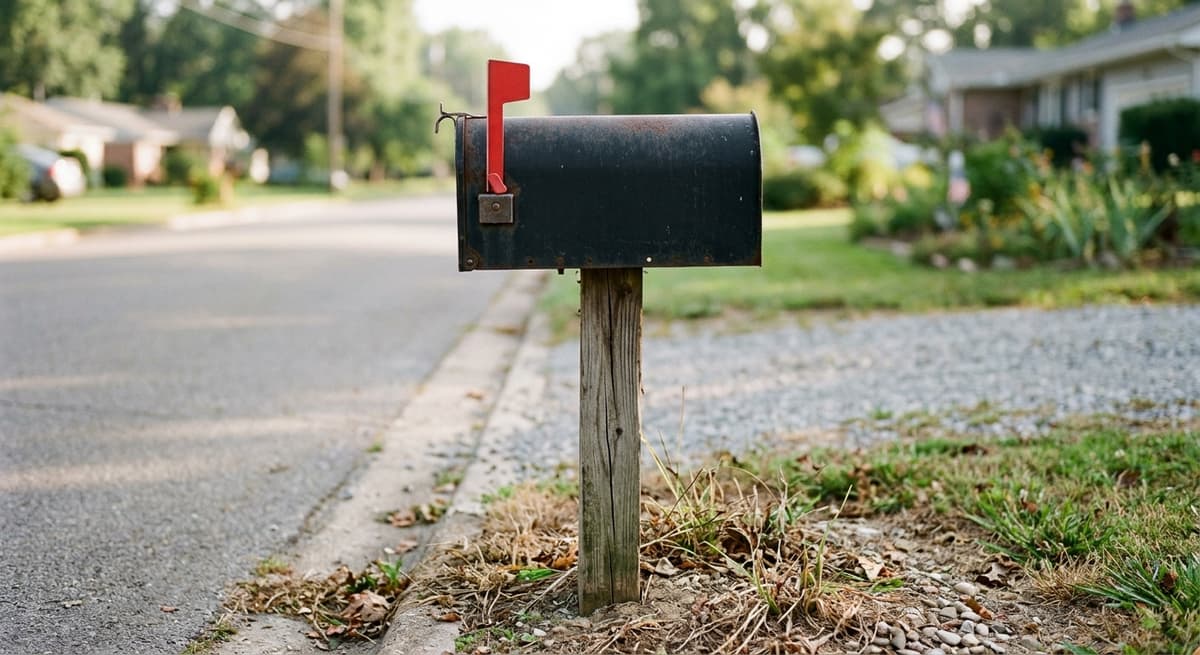 a modest single-family home mailbox at the curb with its flag raised, morning light