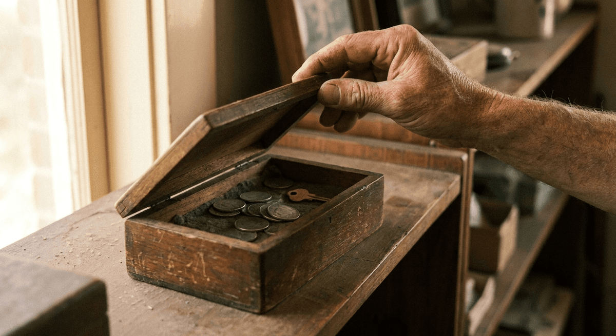a hand lifting the lid of an old wooden box holding coins and a brass key on a shelf