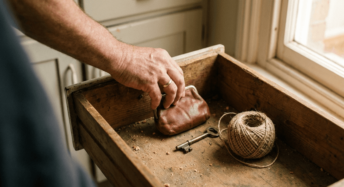 a hand reaching into an old wooden drawer for a worn leather coin purse beside a brass key and a ball of twine