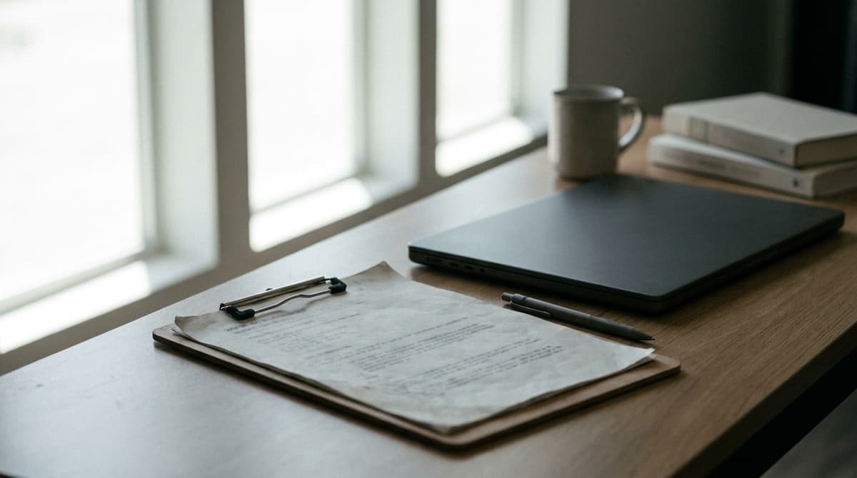 Missouri unemployment benefits: a resume printout and a pen on a clipboard beside a laptop, text unreadable, window daylight