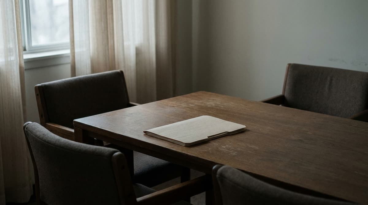 Missouri unemployment benefits: a small conference room table with two empty chairs facing a third and a closed folder, neutral daylight, no people