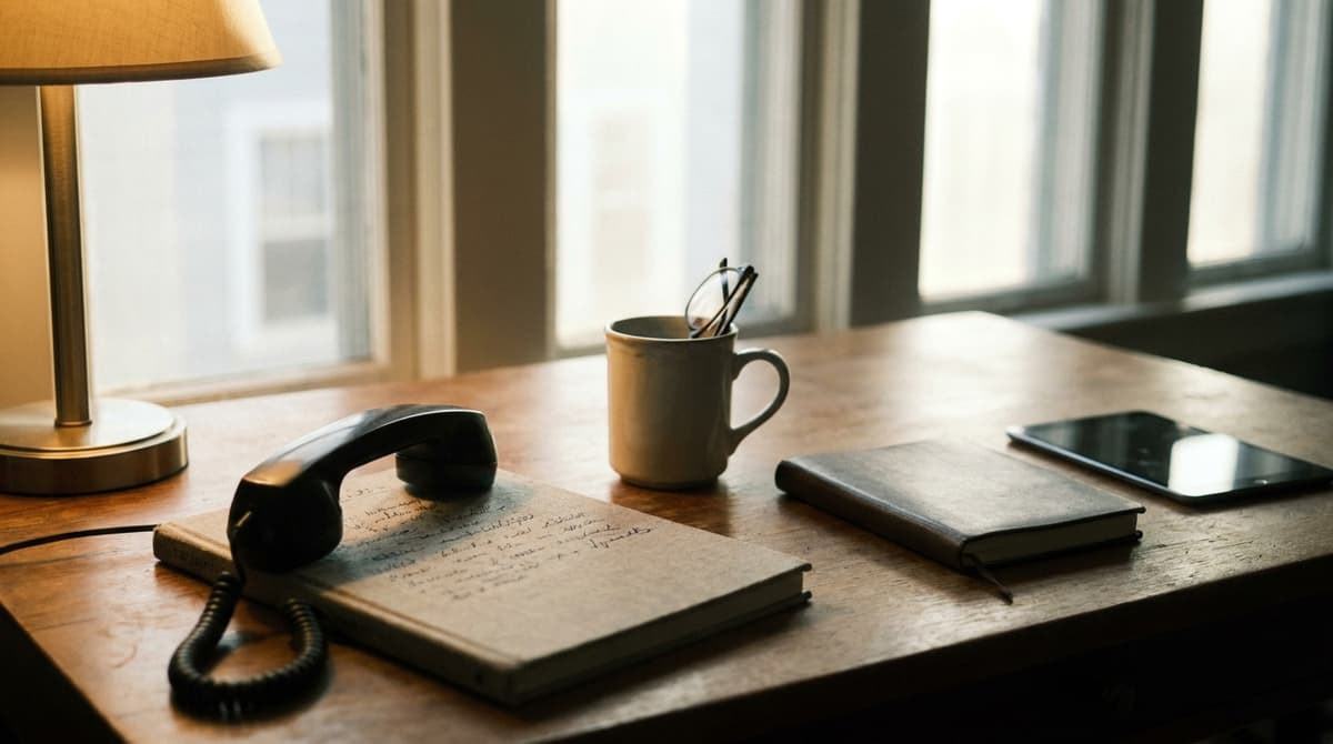 Arizona unemployment benefits: a home office desk with a telephone handset and a notepad with blurred notes, warm lamp light