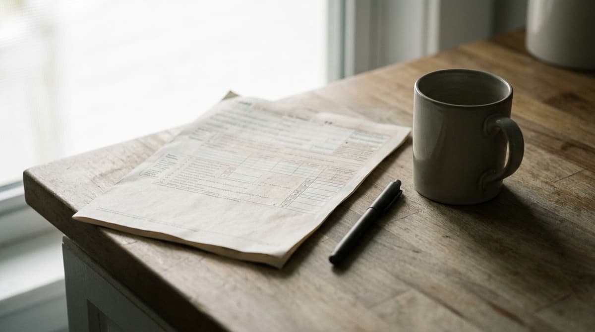 Ohio unemployment benefits: a folded tax form with blurred boxes beside a pen and a mug on a kitchen counter, soft window light