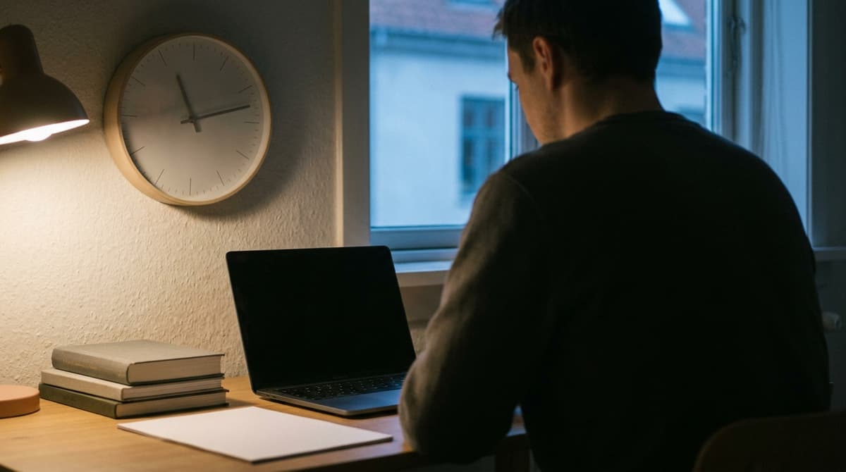 Delaware unemployment benefits: a wall clock and a closed laptop on a tidy desk at dusk, numerals absent, quiet room