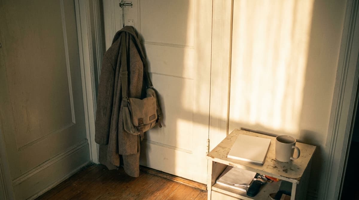 Oklahoma unemployment benefits: a coat and a work bag hanging on a hook by an apartment door, morning light