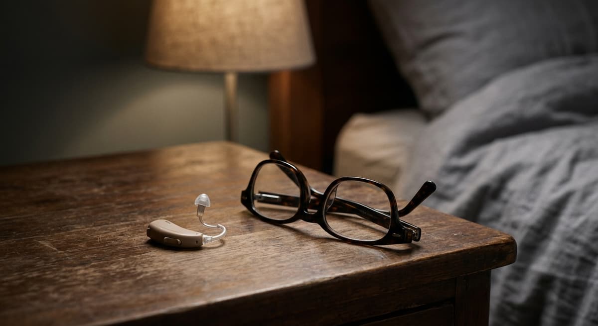a small beige hearing aid resting on a bedside table beside folded reading glasses